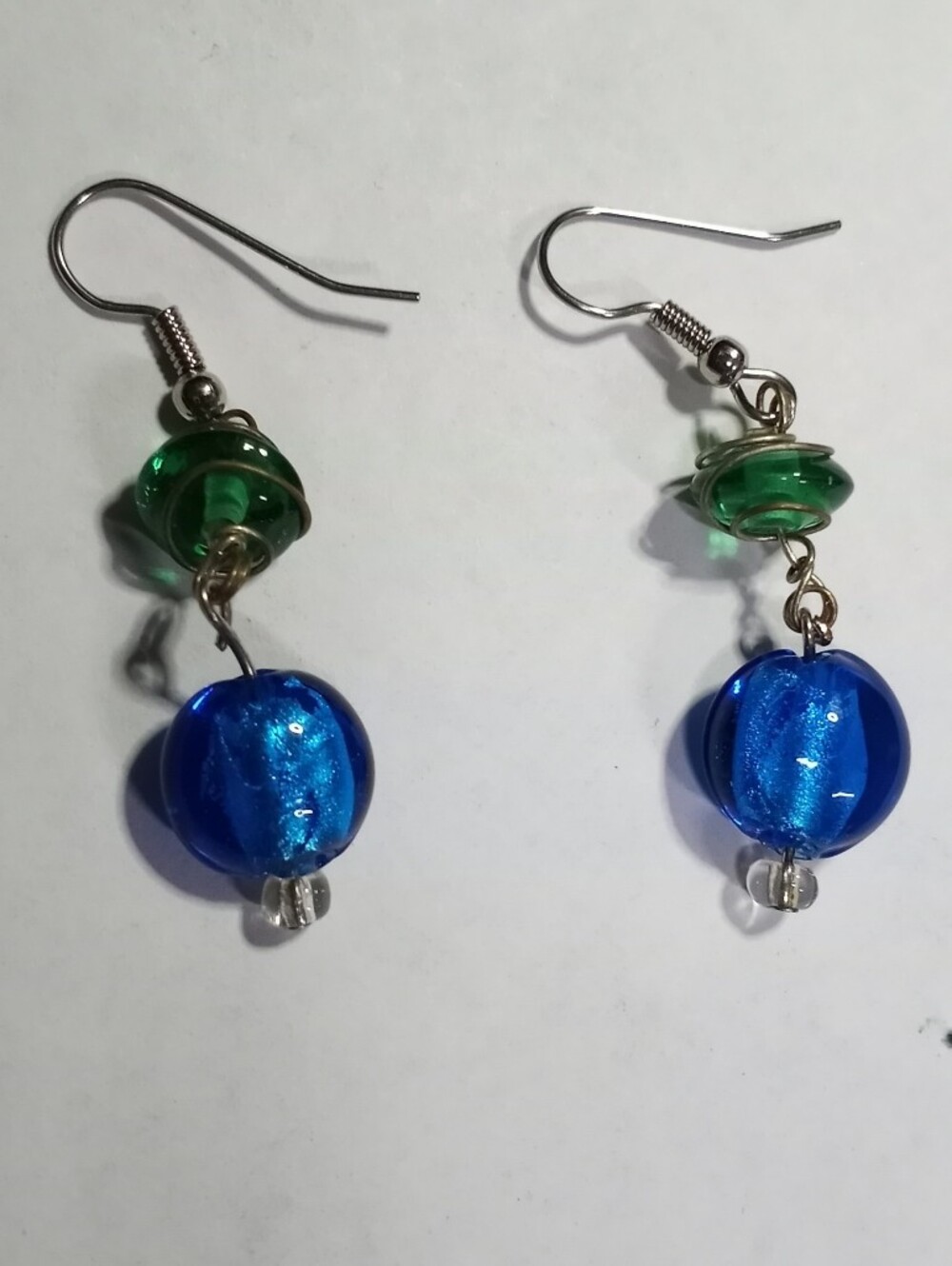 Handmade Blue and Green Glass Bead Drop Earrings